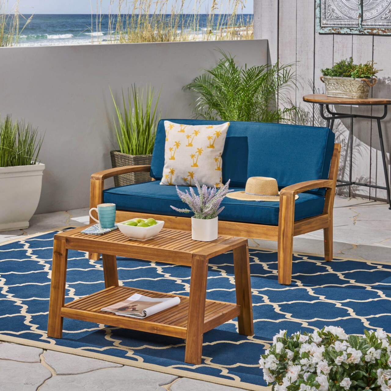 GDF Studio Parma Outdoor Acacia Wood Loveseat and Coffee Table Set with Cushions
